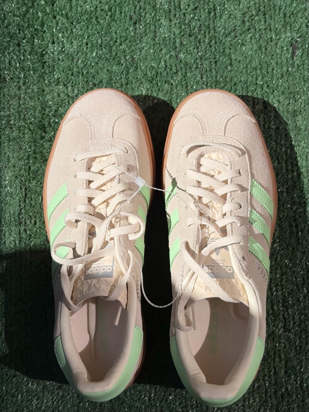 adidas Women’s Cream Suede Sneakers with Mint Green Stripes